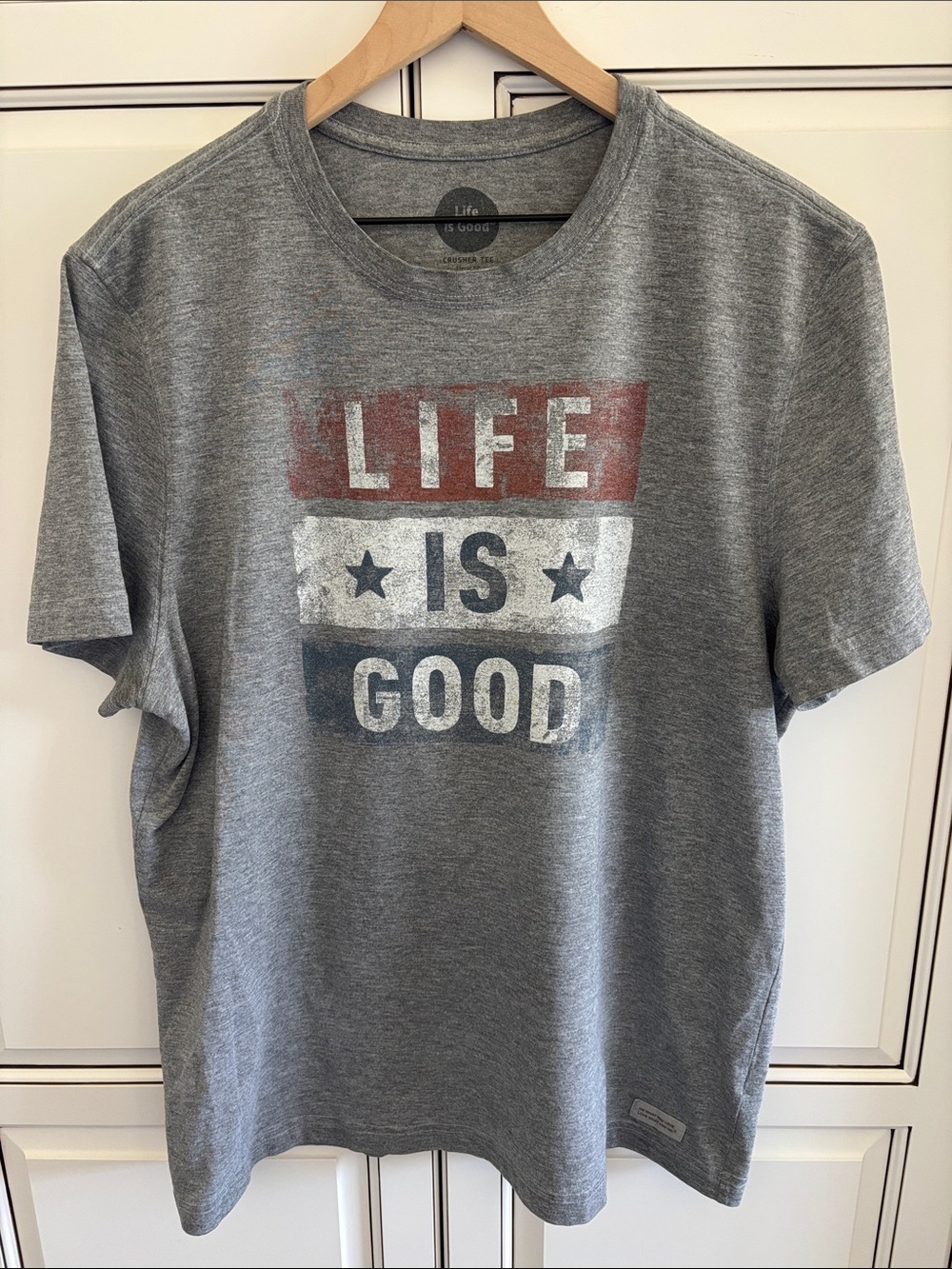 Life‎ Is Good Crusher Tee Classic Fit USA 4th July Crew Tshirt Gray Mens Large